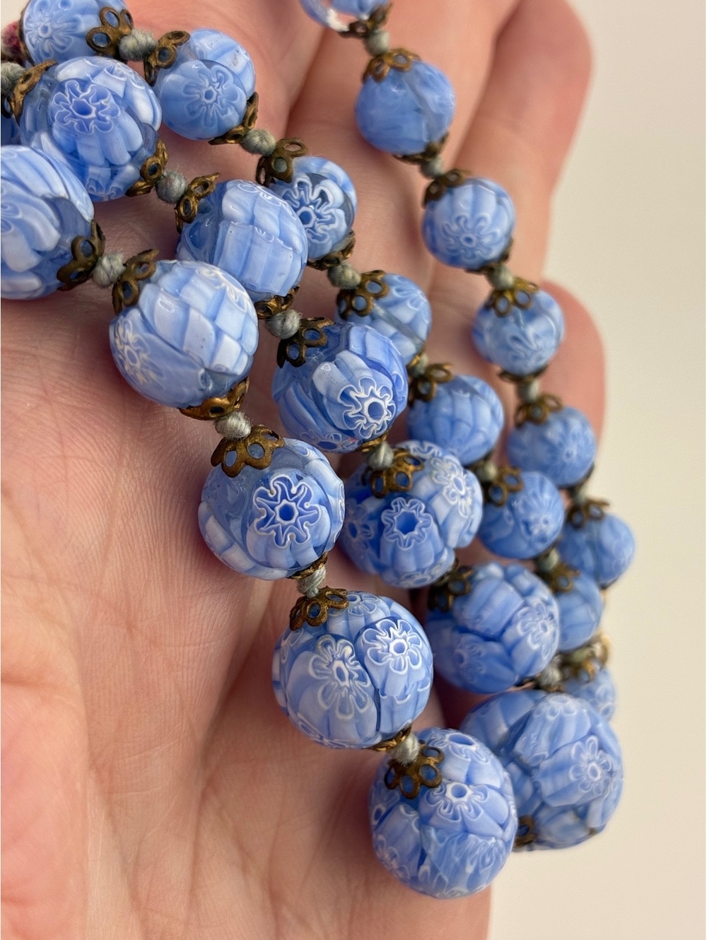Vintage Blue Millefiori Venetian Textured Graduated Glass Bead 24" Necklace - Picture 7 of 12
